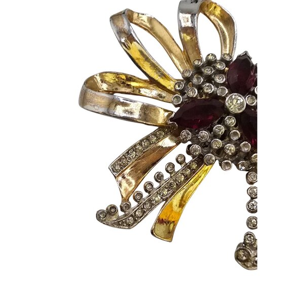 Antique 40s Gold Plated Cast Rhinestone Bow Brooch (A8900) - Picture 6 of 7